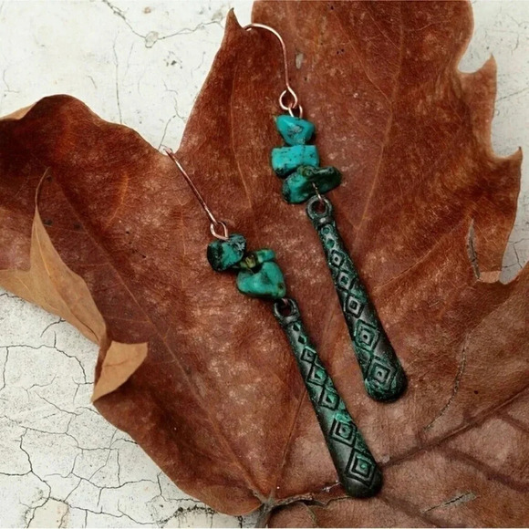 Turquoise Patina Earrings Natural Stone Dangle - Picture 1 of 10